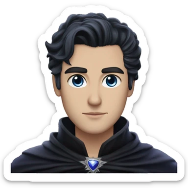 Rhysand has straight short blue-black hair, like a raven's feathers and violet eyes with flecks of silver like starlight, he wears a black cloak and a black and silver crown sticker