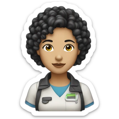 Describe a female programmer with curly black hair, black eyes, thick eyebrows, and slightly tan skin. sticker