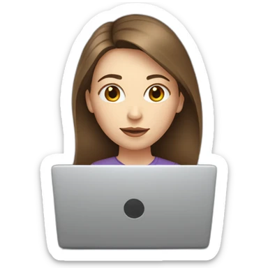 woman looking from behind a laptop. There is a coffee mug in front of the laptop. The woman has middle brown straight hair and pale skin. sticker