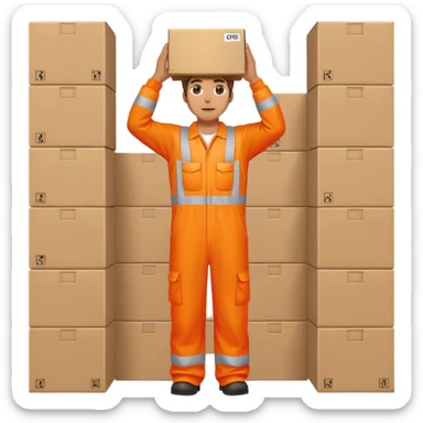 man standing, facing backwards, wearing orange hi visibility overalls, holding a box above his head sticker