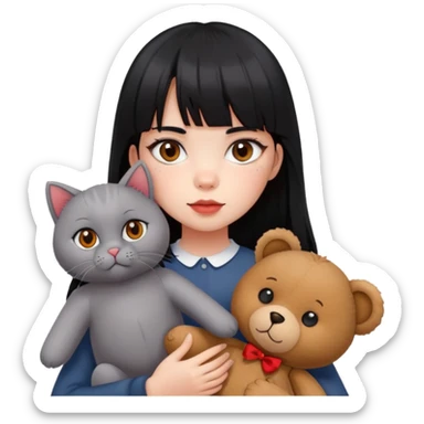 The girl with black eyes and red cheeks has long black hair with bangs and holds a British grey cat and a brown teddy bear sticker