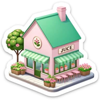 Organic juice shop, light pink and green and decorated with lots of florals, isometric exterior view, pitched roof sticker