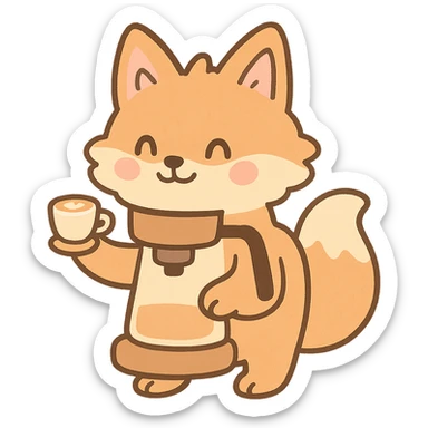 soft pastel style, soft fluffy fox as a coffee maker holding a tiny latte cup, soft pastel brown and beige, full-body sticker
