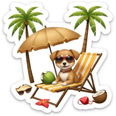 a dog laied on a beach chair, a sunny beach, a sun umbrella, and beach coconut trees. the icon should capture the essence of a relaxing beach vacation with a carefree atmosphere sticker