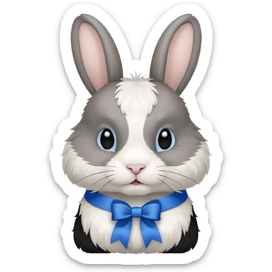 a white and black realistic domestic rabbit with a blue ribbon on its neck sticker