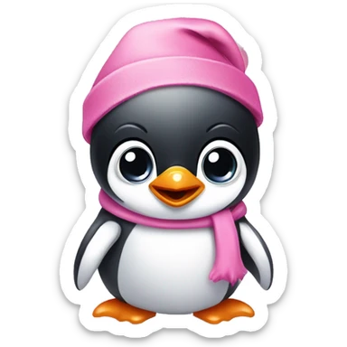 Baby penguin with big eyes wearing a pink Santa hat sticker