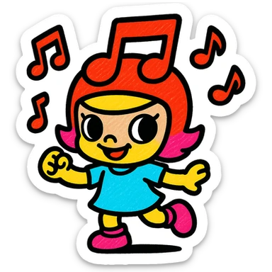 Popmart Space Molly as a Rednote emoji, dancing with red musical notes around, big head, small body, fun and energetic sticker