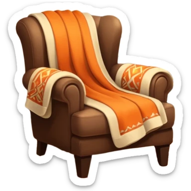 Armchair with blanket draped over the arm and glowing fireplace beside it sticker