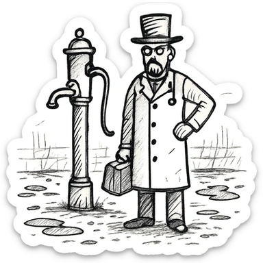A victorian doctor with a street water pump in a dirty street sticker