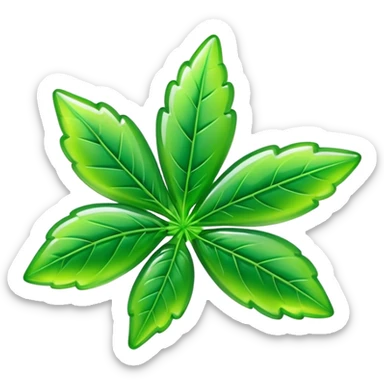 generate an emoji-style image of a juicy gummy shaped like a marijuana flower sticker