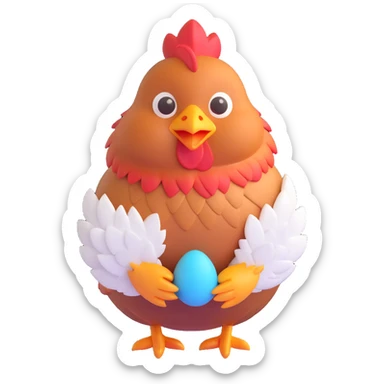 cute hen with fluffy feathers, holding a tiny egg sticker