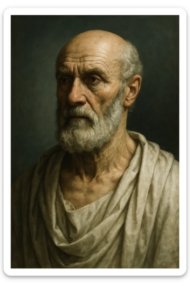 realistic, detailed portrait of Hippocrates, ancient Greek doctor, with a thoughtful expression, cinematic clinical light, vertical 2:3 aspect ratio sticker