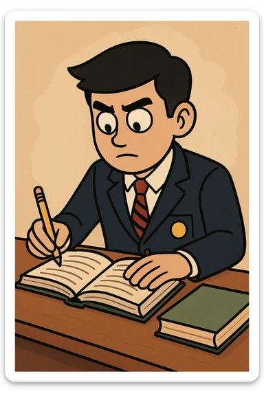 A hardworking South Korean high school student wearing a neat school uniform, focused on studying with books and a pencil, in a relatable and positive style sticker