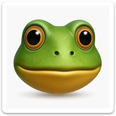 Create an emoji that looks exactly like the reference image in iOS emoji style. The emoji should have 3D appearance, shiny surface, smooth gradients, soft shadows, and a realistic green frog head with a classic emoji look. Add a soft shadow under the head. sticker