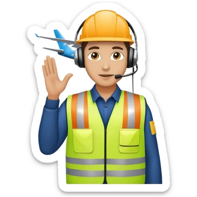 ramp agent at airport wearing reflective vest and headphones, directing aircraft sticker