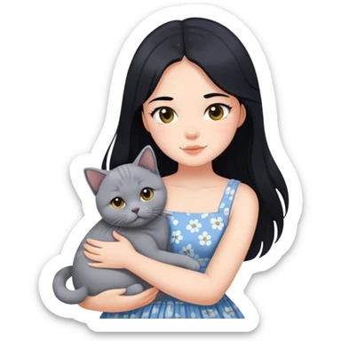 A beautiful girl with long black hair wearing a sun dress hugs a British Shorthair sticker