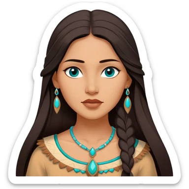Cinematic Elegant Pocahontas Portrait Emoji, rendered in a realistic, vector-style with minimal shading and bold, simplified shapes. Depict Pocahontas (chest and above) with warm, sun-kissed skin, long, flowing dark hair, and gentle, wise eyes, wearing traditional attire in earthy tones with hints of turquoise. The image glows with a soft, natural radiance and high shine, embodying timeless indigenous beauty. sticker