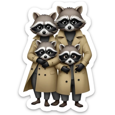 Three raccoons standing on top of eachother within one trench coat sticker
