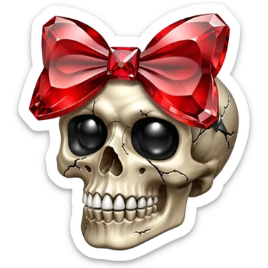 make me a red crystal skull partly see thew super gem like make it realistic and held together by a big black bow super realistic skull cracking all over the eyes are black gems with a hint of gold in the center sticker