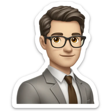 Pale skinned fit man with dark brown hair in gray jacket, beige office shirt, brown tie, brown pants and vintage glasses Writing on the marker board sticker