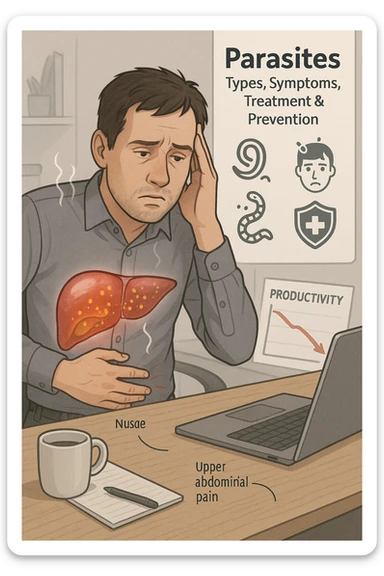 Man sitting at office desk experiencing subtle symptoms of liver dysfunction, upper abdominal pain, nausea, and unexplained fatigue Parasites: Types, Symptoms, Treatment & Prevention, expression of confusion about vague health issues, liver shown in transparent overlay with early inflammation, toxins beginning to accumulate in bloodstream, productivity declining as liver struggles to filter properly sticker