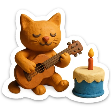 cat playing guitar next to a cake, claymation style sticker