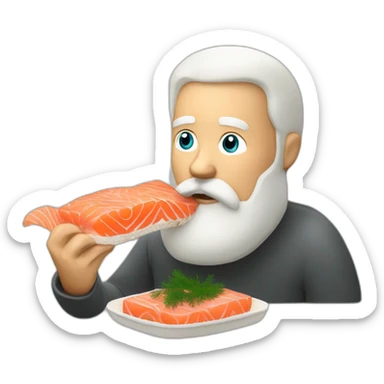 a white bearded man eating raw salmon on bread with dill on top of it sticker