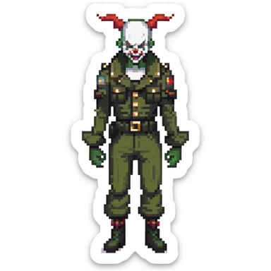 evil clown soldier, bald, small black satan horns on forehead, fangs, pointed ears, black and military green clothes with bellbottom pants, realistically proportioned, less bulky, full body, fighting stance sticker