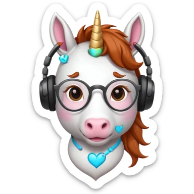 headphone wearing white unicorn with dark ginger hair and heart shaped spectacles sticker