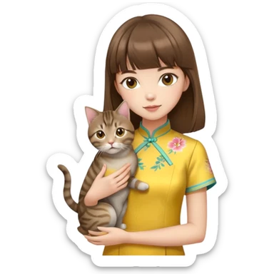 girl with brown hair and bangs wearing yellow qipao with a gray tabby cat sticker
