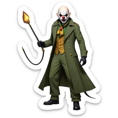 evil clown, bald, small black horns on forehead, fangs, pointed ears, eye patch over one eye, long coat over black and military green leisure suit with bellbottom pants, tail, holding an Indiana Jones-style whip, realistically proportioned, less bulky, full body, battle-ready, fighting posture sticker