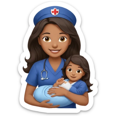 Female nurse smiling with long dark wavy hair with medium brown skin and brown eyes holding one tiny new born baby with navy blue short sleeves sticker