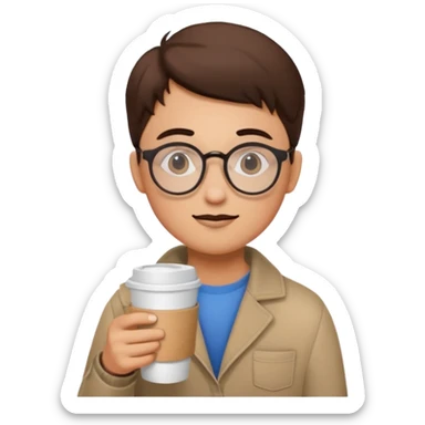 Student with round glasses and takeaway coffee sticker