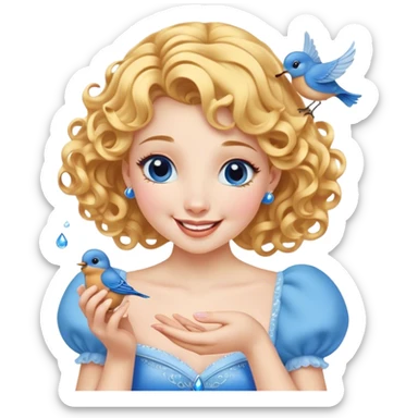 Cinematic Adorable Cinderella Portrait Emoji, Giggling softly while holding a tiny bluebird, golden curls bouncing, eyes sparkling with joy, wrapped in a soft golden glow, exuding warmth and charm, an irresistible blend of beauty and playfulness! sticker