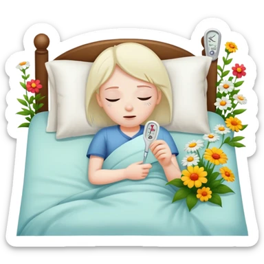 sick person in bed with thermometer and flowers sticker