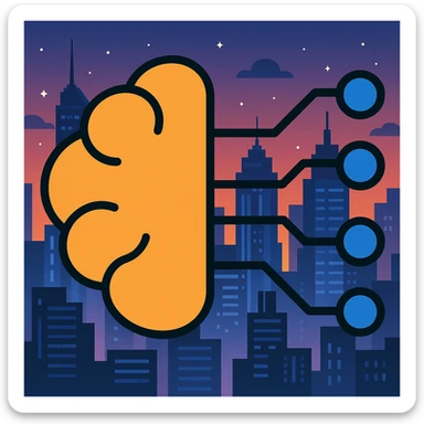 Add a futuristic city background, keep the brain with circuit lines as the main subject, maintain color outline style sticker