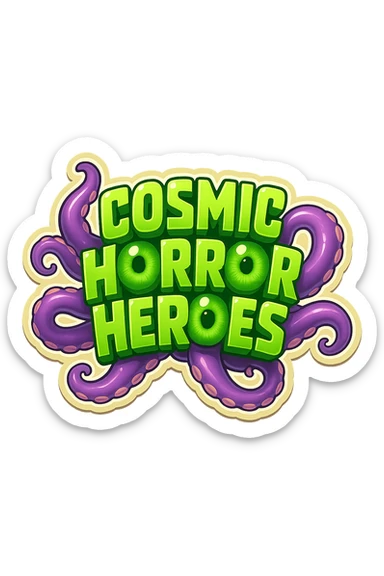 Render the cosmic horror themed image with green text and tentacles in a vibrant retro stickers style. Use bold outlines and a playful, collectible vibe to give it a classic retro sticker look while preserving the original theme and elements. sticker