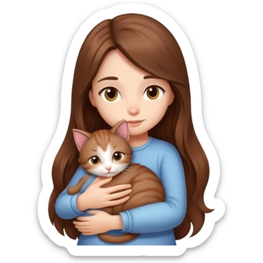 A girl with long  hair tightly hugged a kitten sticker