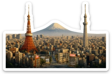 cinematic, realistic emoji of Tokyo skyline featuring iconic landmarks such as Tokyo Tower, Skytree, Shibuya Crossing, and Mount Fuji in the background, lifelike detail, accurate colors, bright lighting, wide city view, no sky, fully transparent background sticker