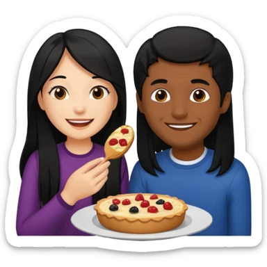 Fair skin woman with long black hair with her Brown skin ned boyfriend with his fine cut blacked hair eating together . Sticker sticker