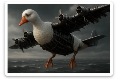 Change the expression of the goose-plane creature to sad, keeping all other details and colors the same, in a style consistent with the original image. sticker