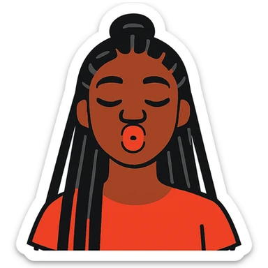 Black girl with long black braids, half up half down, making a kissy face sticker