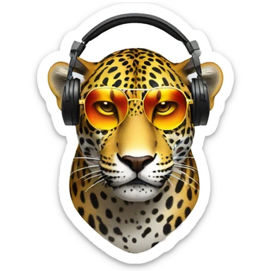striking jaguar dj, emoji head, looking forward, wearing reflective sunglasses, wearing colorful big over-ear headphones on top of head sticker
