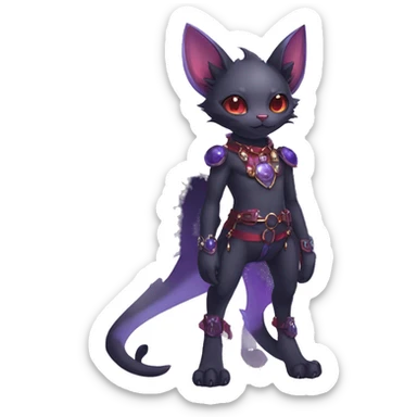 cool kawaii edgy black purple red ethereal fantasy beautiful elegant nargacuga-bat-cat-Fakemon wearing legs spats a collar harness with jewelries full body sticker