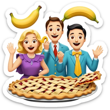 A vintage movie poster-style design featuring slapstick humor elements—funny characters in exaggerated poses, oversized props, and bright colors. Include elements like pies in faces, a falling banana peel, and cheerful expressions. Retro cinematic style. Transparent background. sticker