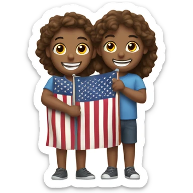 smiling friends indoors together holding an American flag sticker