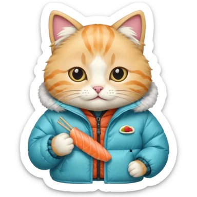 cat wearing a puffy jacket and eating sushi sticker