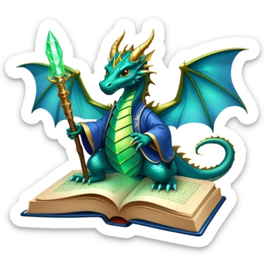 Icon for Fantasy and Sci-Fi Literature: a magical book with glowing pages, surrounded by a dragon, a spaceship, and a wizard with a staff. The icon should capture the adventurous and imaginative world of fantasy and science fiction. Transparent background. sticker