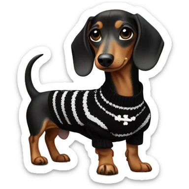 Dachshund wearing black and white Sweater with chanel logo  sticker