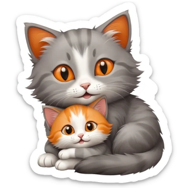 happy mom cat hugging her happy kitten, kitten looking up at mom sticker